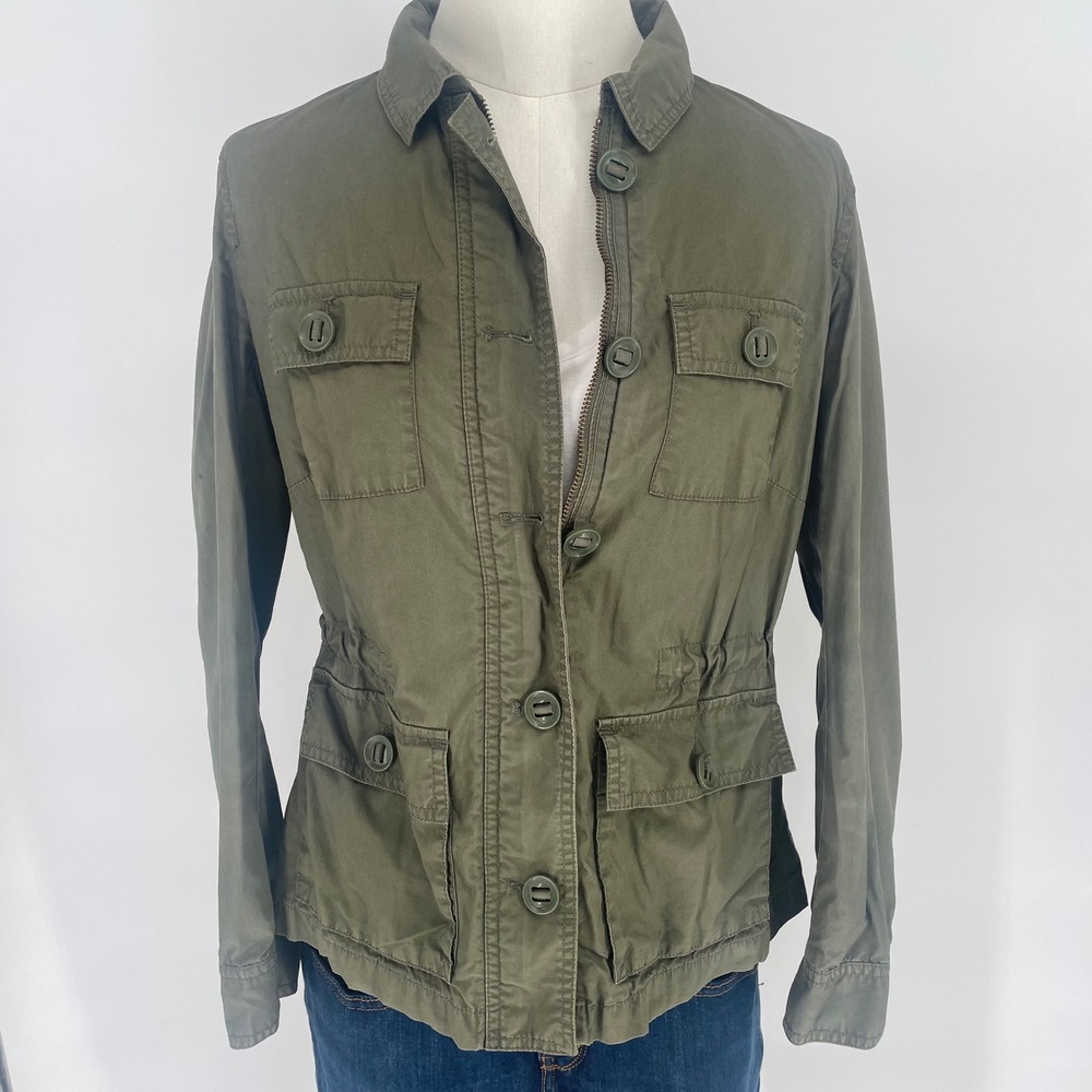 Talbots Petites Med Green Utility Safari Jacket Cotton Blend Zip Button Front